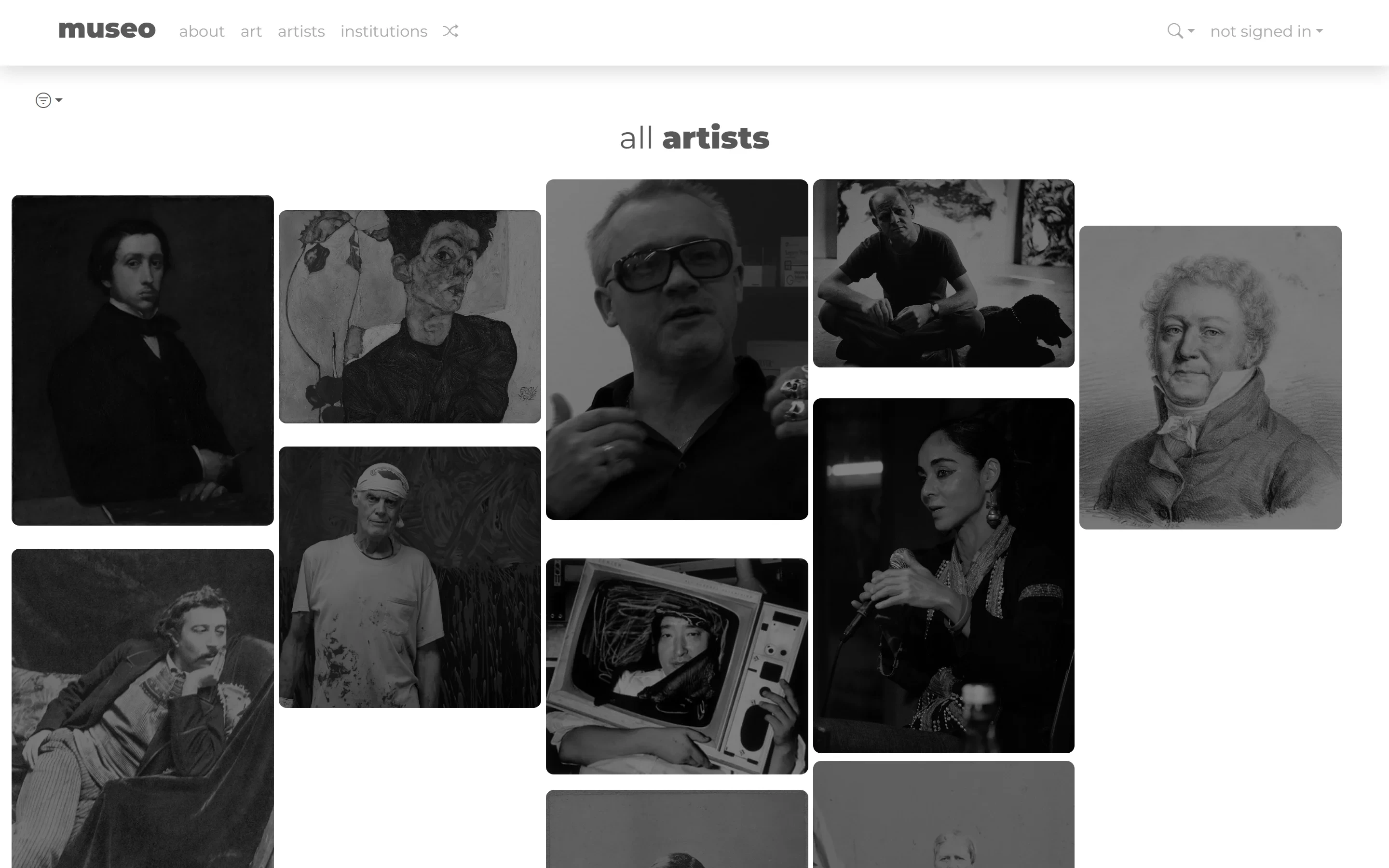 Artists, with a custom hover state. museo artists index with a card hover state