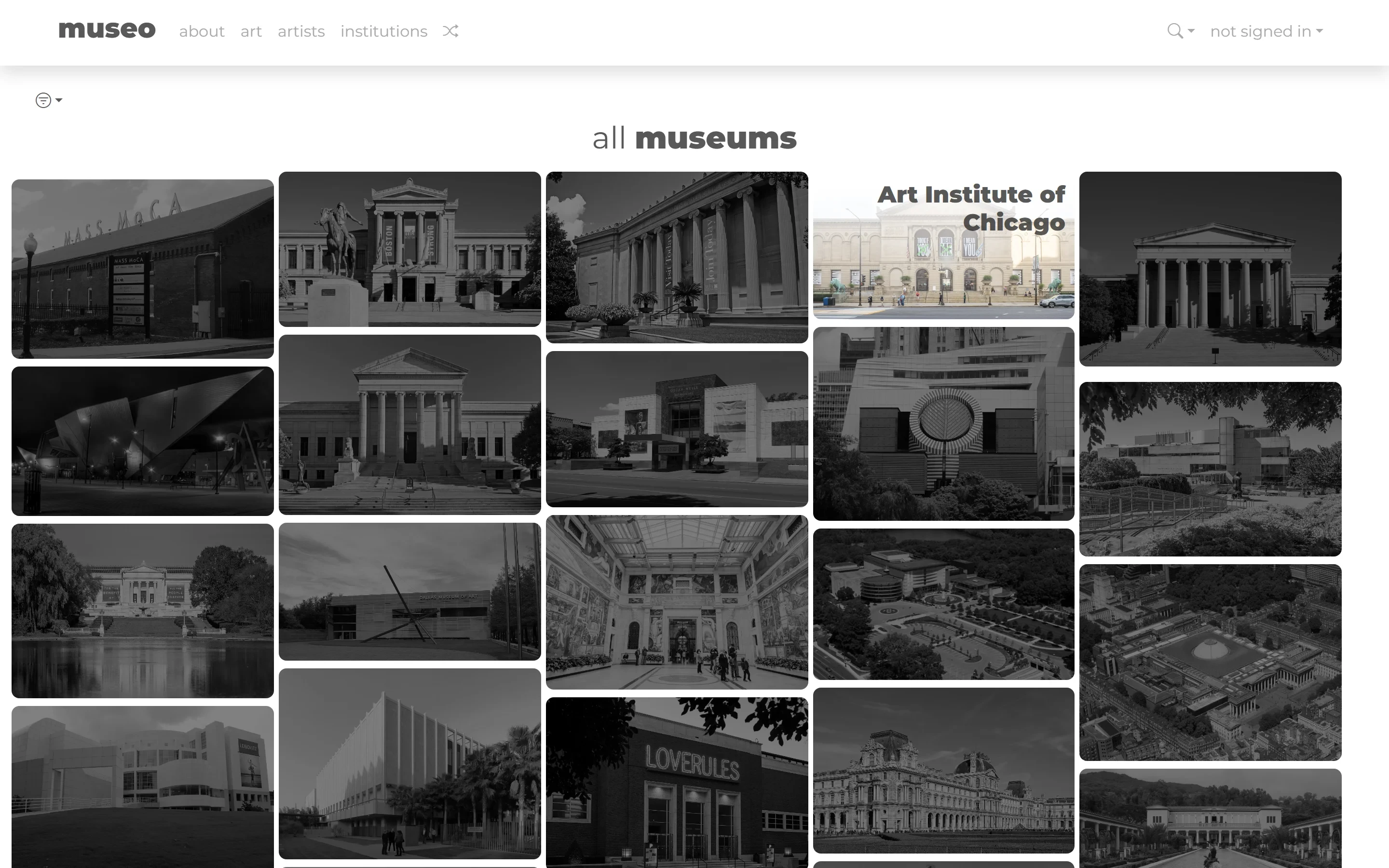 Museums, with a custom hover state. museo museums index with a card hover state