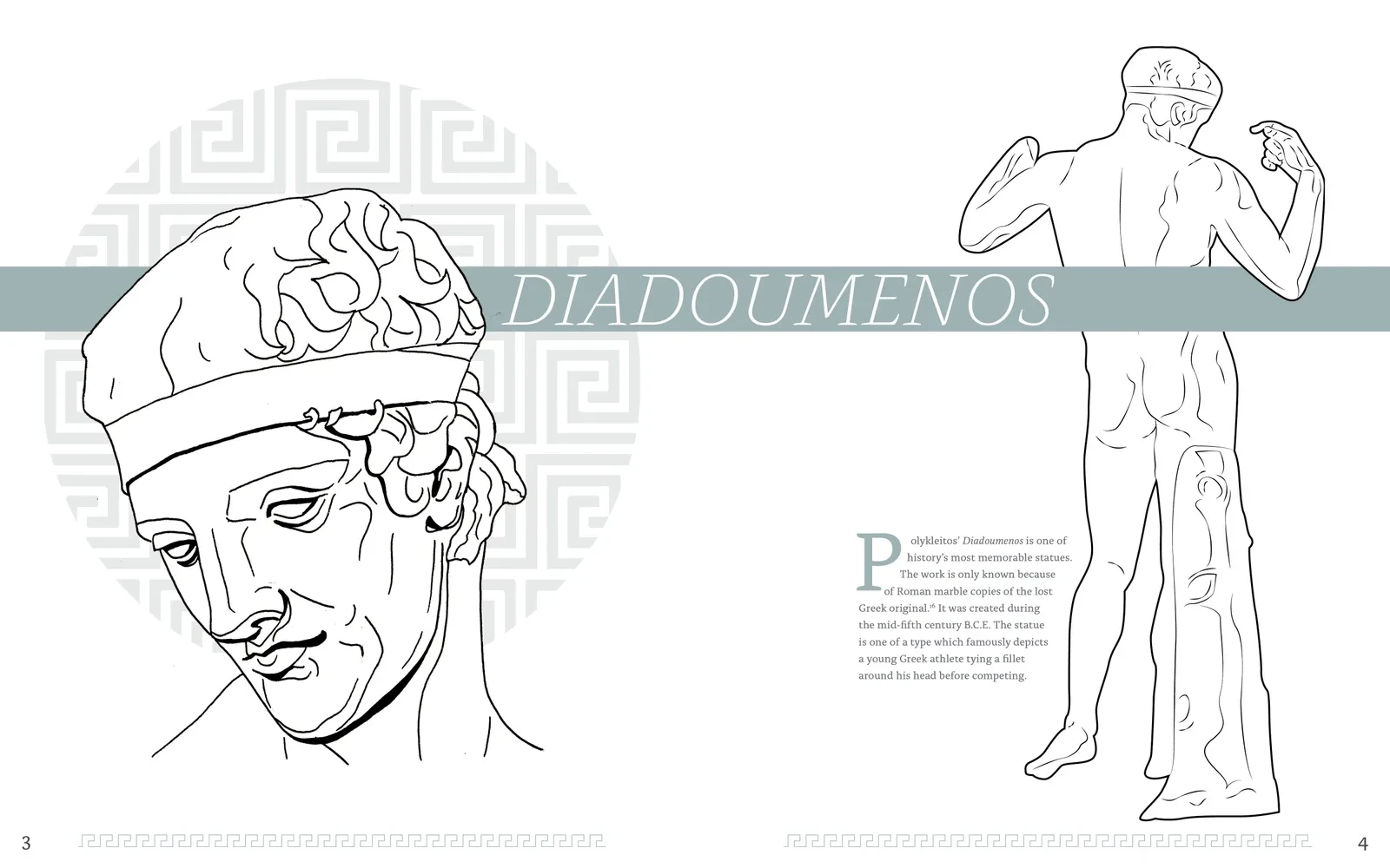 Diadoumenos. Hellas spread on the Diadoumenos, with detail and full-body illustrations